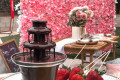 Close up of a chocolate fondue fountain and strawberries on a picnic set up.