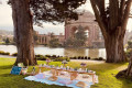 Gold and pink themed Luxury Picnic at Palace of Fine Arts, San Francisco, CA.