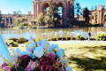Close up of flower bouquet at a luxury picnic overlooking Palace of Fine Arts, SF Bay Area.