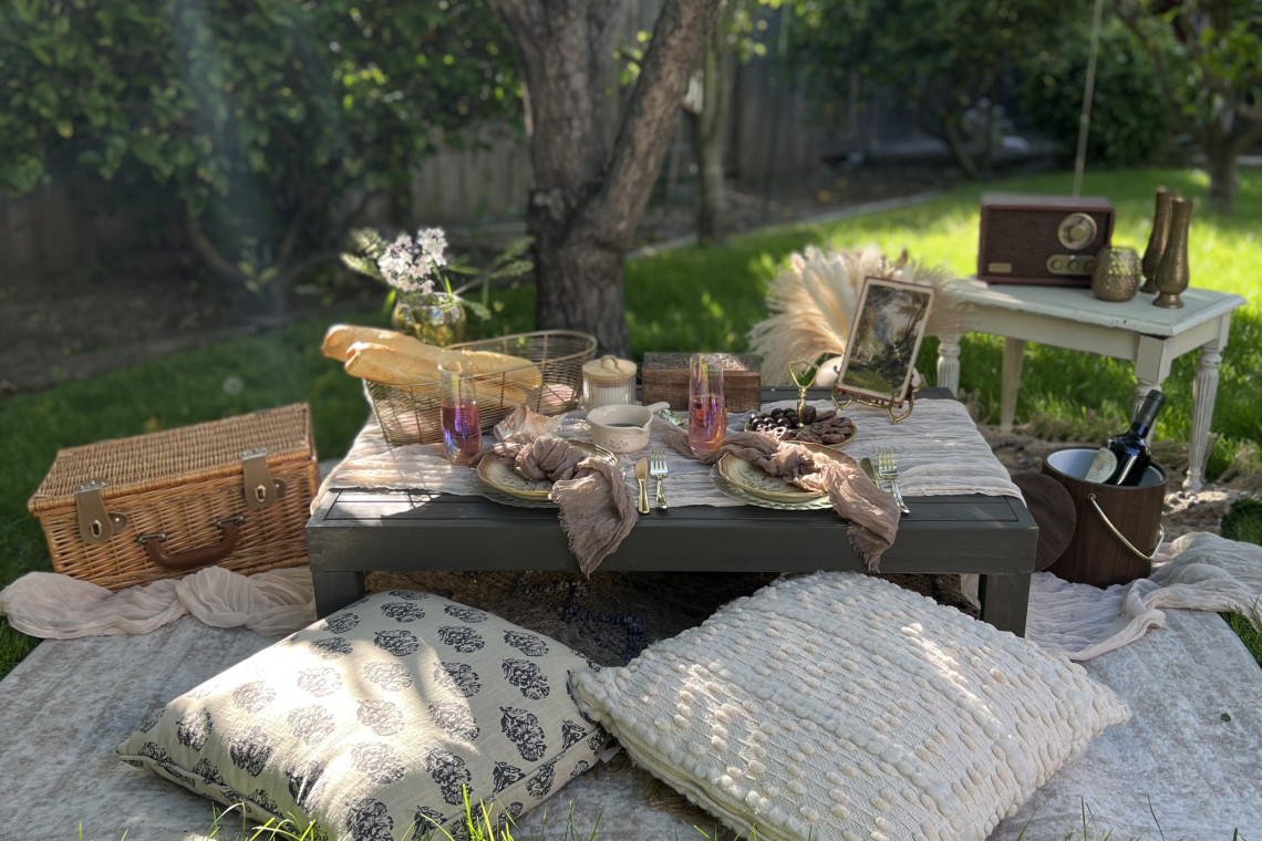 Old timey luxury picnic set up featuring a retro radio and old fashioned photos.