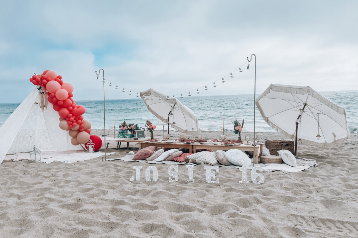 Sweet 16 luxury picnic party at the beach in Los Angeles