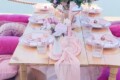 Pink themed luxury picnic with white and red roses in front of river.