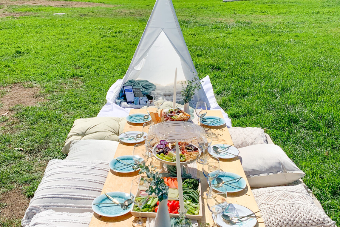 Blue and white themed luxury picnic at Crissy Field and overlooking the buildings of San Francisco.