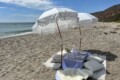 white boho umbrellas at a LA beach luxury picnic set up