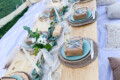 Close up of a luxury picnic enclosed in a bubble tent and featuring individually boxed charcuterie boards.