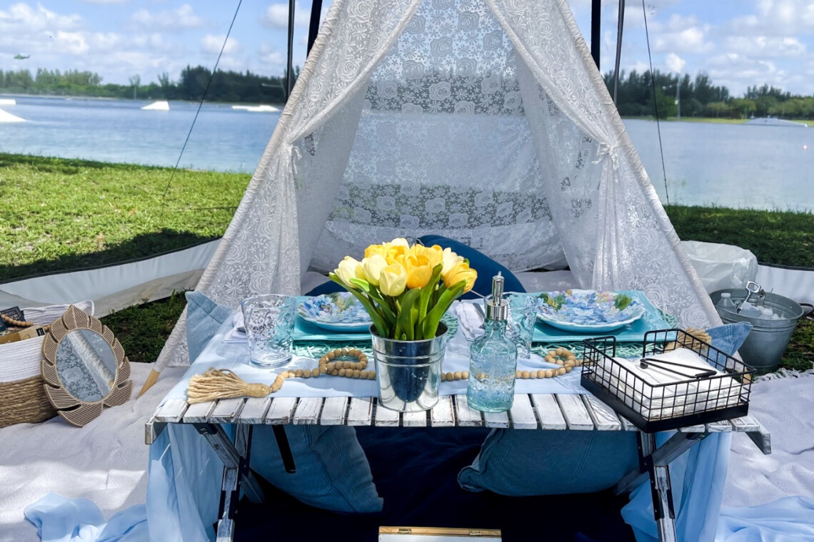 Sunset blue themed luxury picnic in Miami, FL