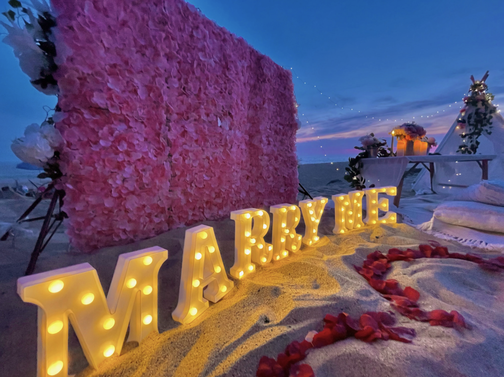 LED marry me sign with a beach picnic
