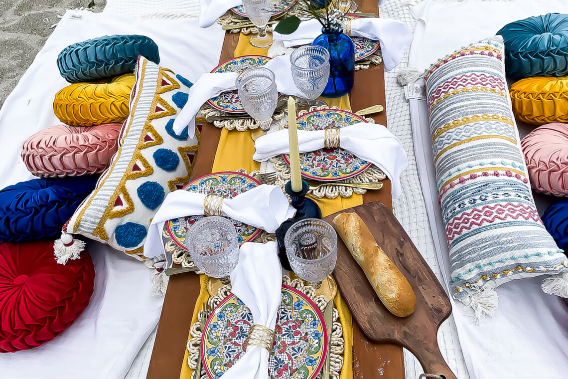 Colorful luxury picnic tablescape for the beach in South Florida